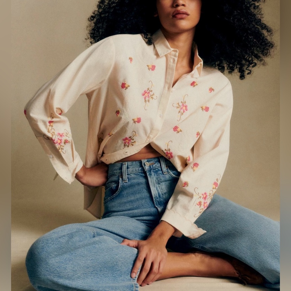 NWT Sezane x Andion - Maxy Shirt, cream w/ pink floral embroidery, size 40 (US8)